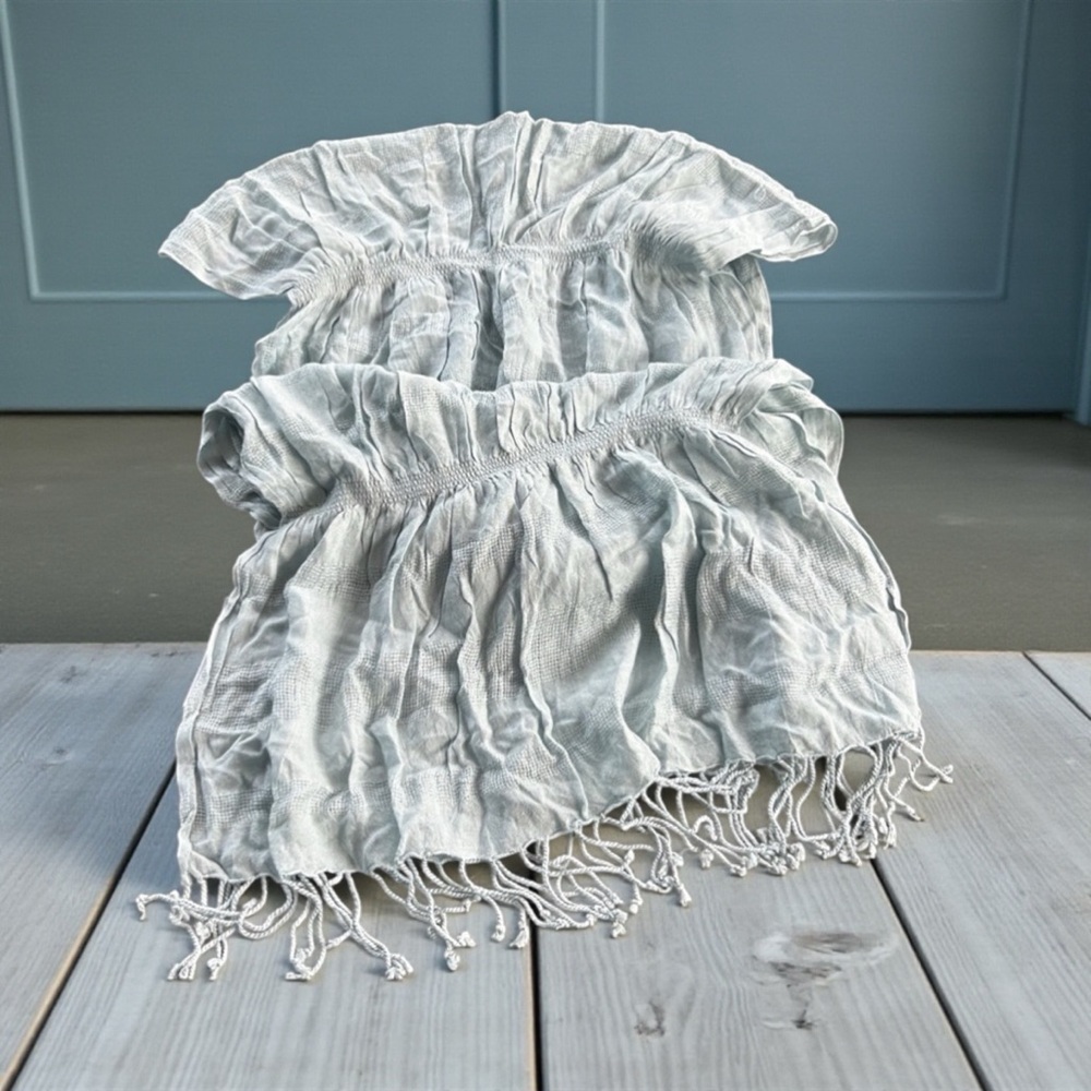 Taleen rayon blend tiered ladies scarf delicate gauze fringe grey blue muted